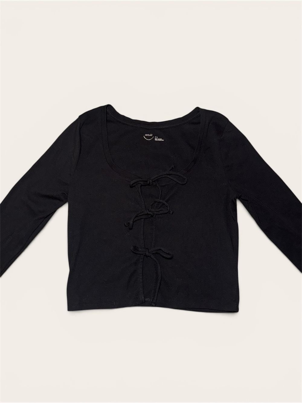aerie Black Long Sleeve Tie-Front Scoop Neck Top Size Medium NWT